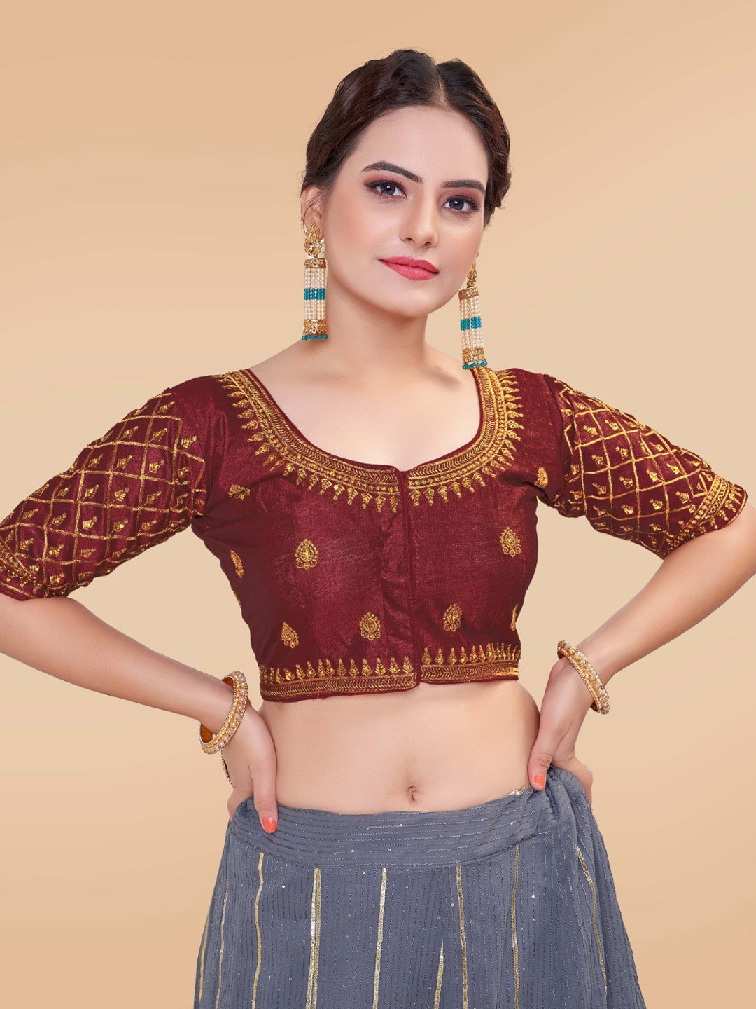 

HIMRISE Embroidered Round Neck Silk Saree Blouse, Maroon
