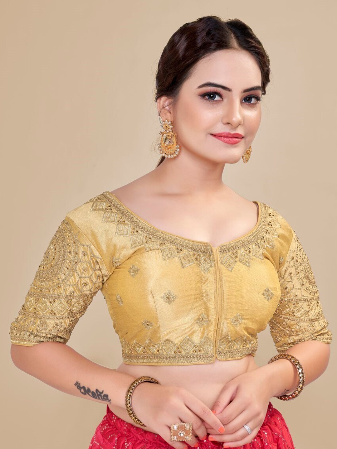 

HIMRISE Embroidered Silk Saree Blouse, Gold