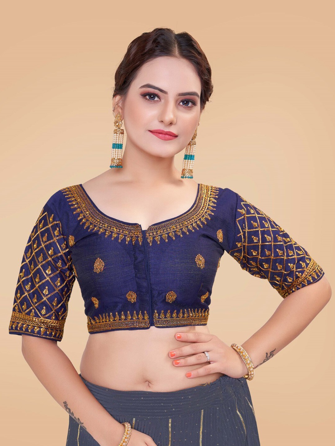 

HIMRISE Embroidered Silk Saree Blouse, Navy blue