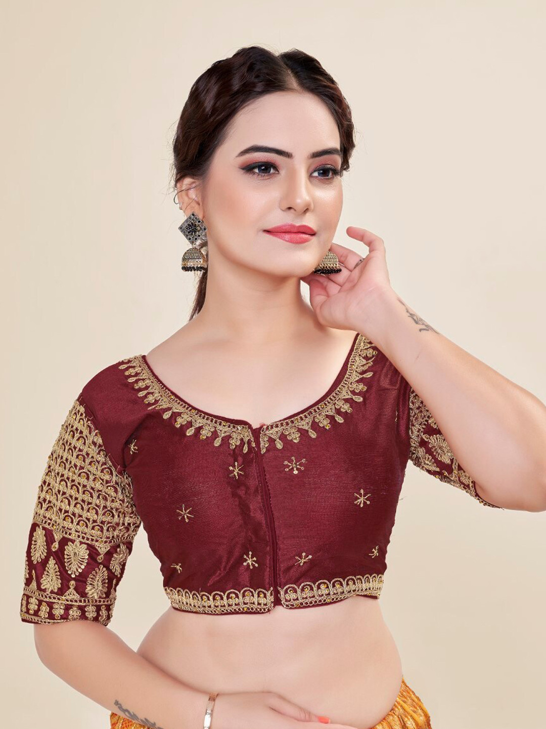 

HIMRISE Embroidered Silk Saree Blouse, Brown