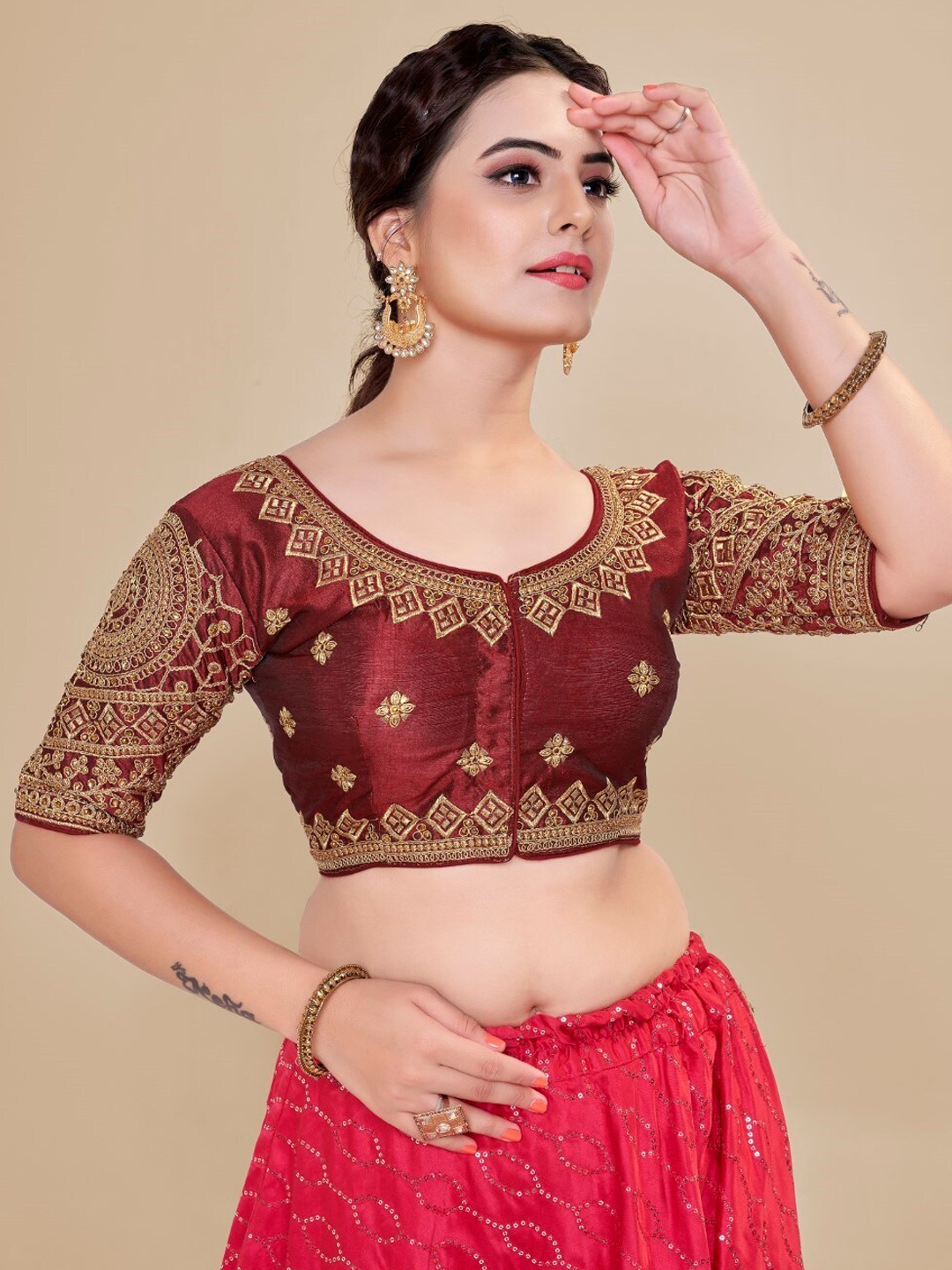 

HIMRISE Embroidered Silk Saree Blouse, Maroon