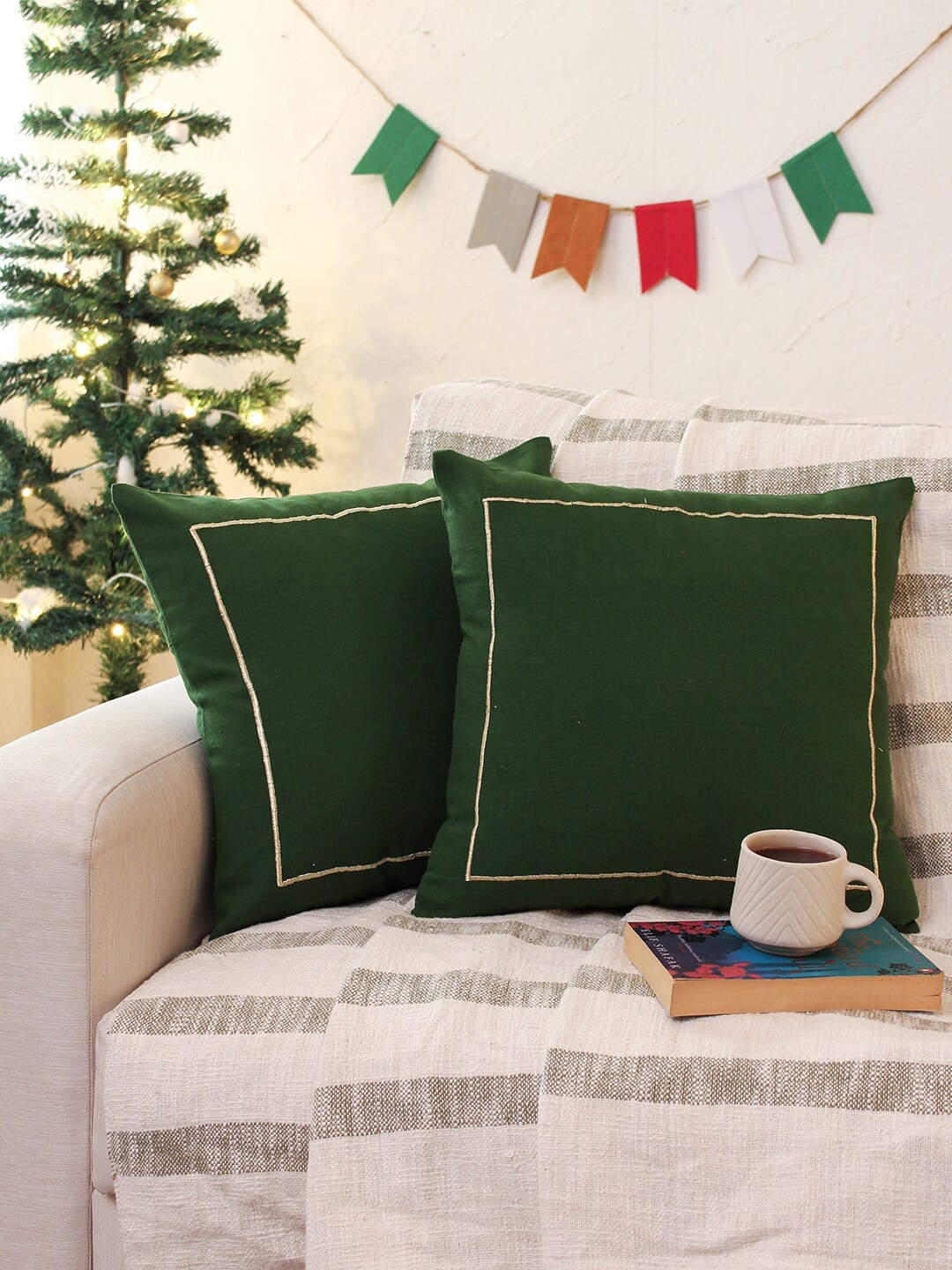 

House This Holly Green & Gold-Toned Cotton Square Cushion Cover