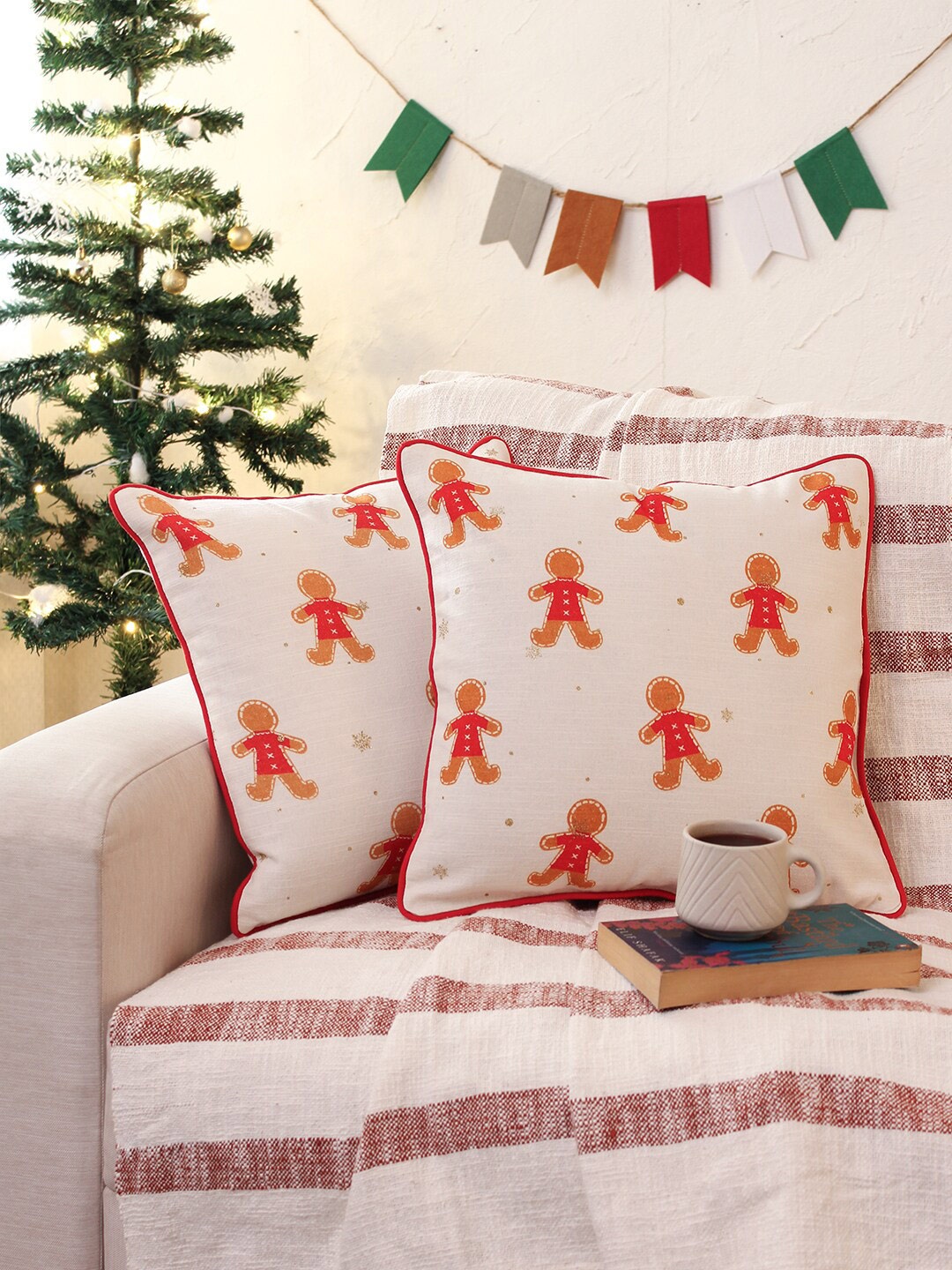 

House This Gingerbread Man White & Orange 2 Pieces Abstract Printed Square Cushion Covers