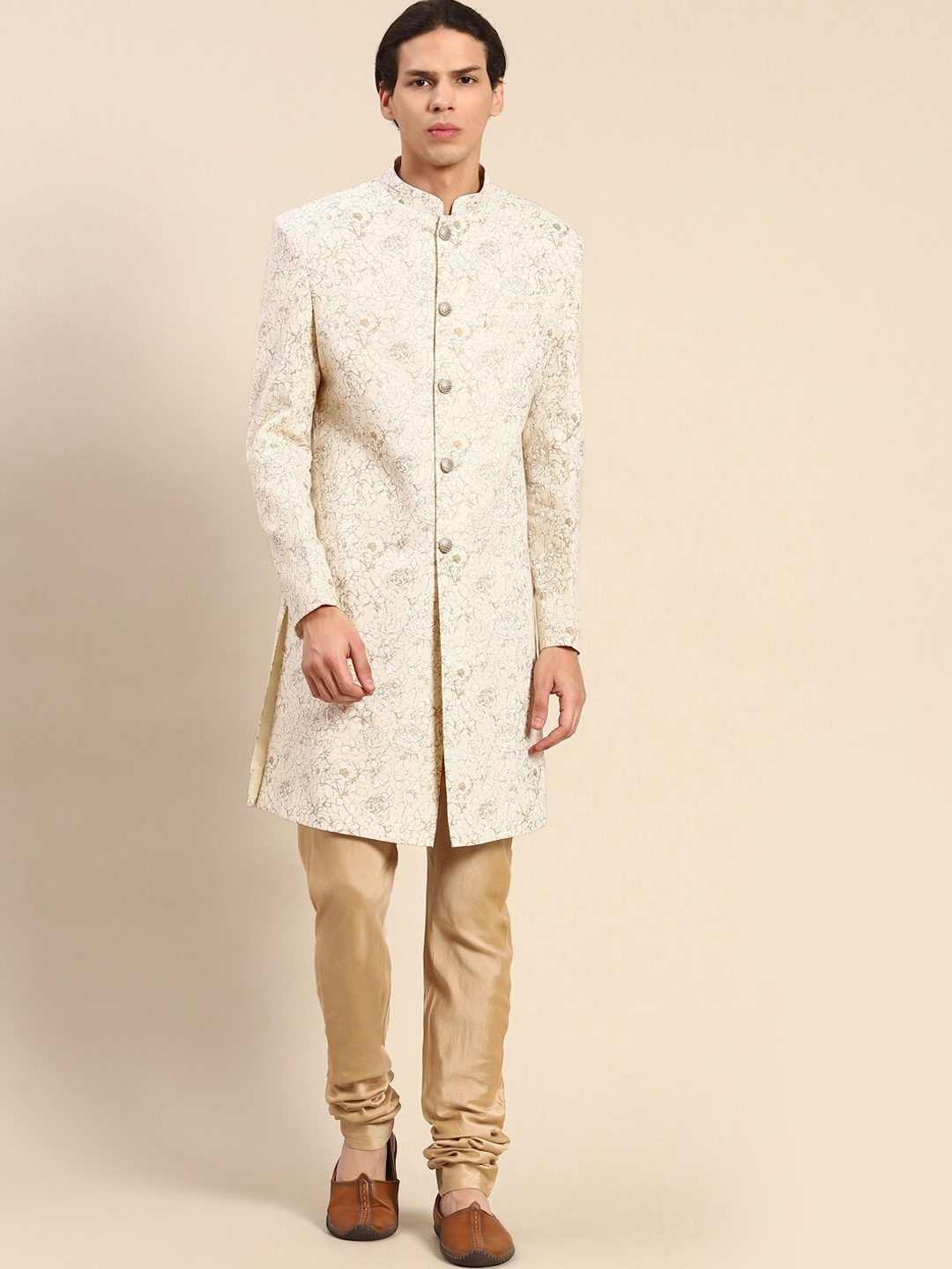 

KISAH Men Floral Patterned Cotton Indowestern Sherwani with Churidar Set, Off white