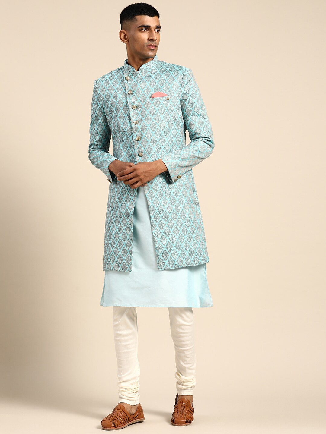 

KISAH Men Self-Design Kurta Indowestern Sherwani Set, Blue