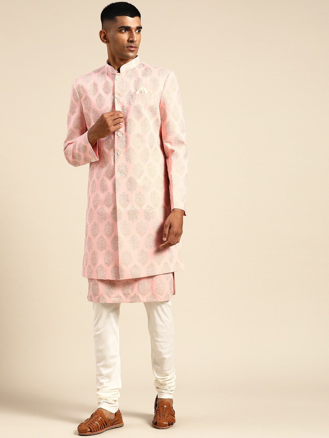 

KISAH Men Printed Cotton Indowestern Sherwani Set, Pink