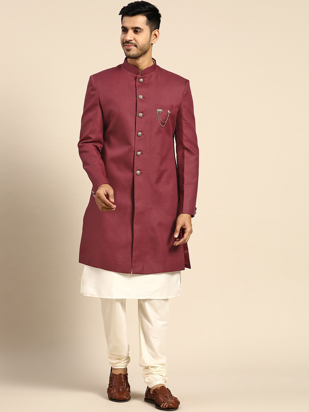 

KISAH Men Cotton Kurta & Indowestern Sherwani with Churidar Set, Maroon