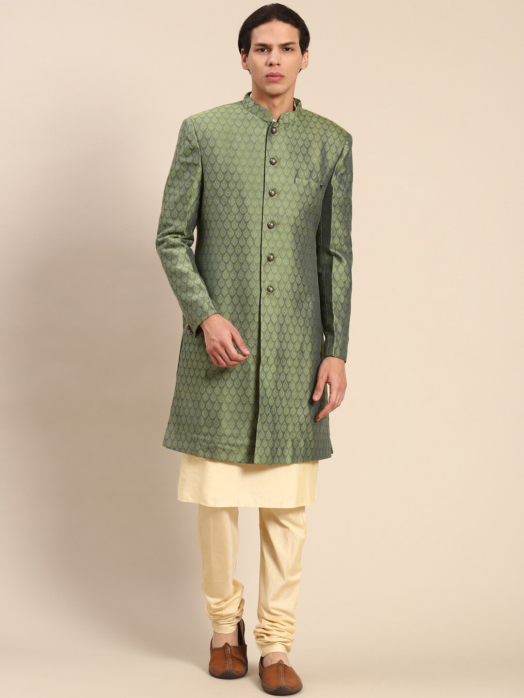 

KISAH Men Self Design Kurta & Indowestern Sherwani with Churidar Set, Olive