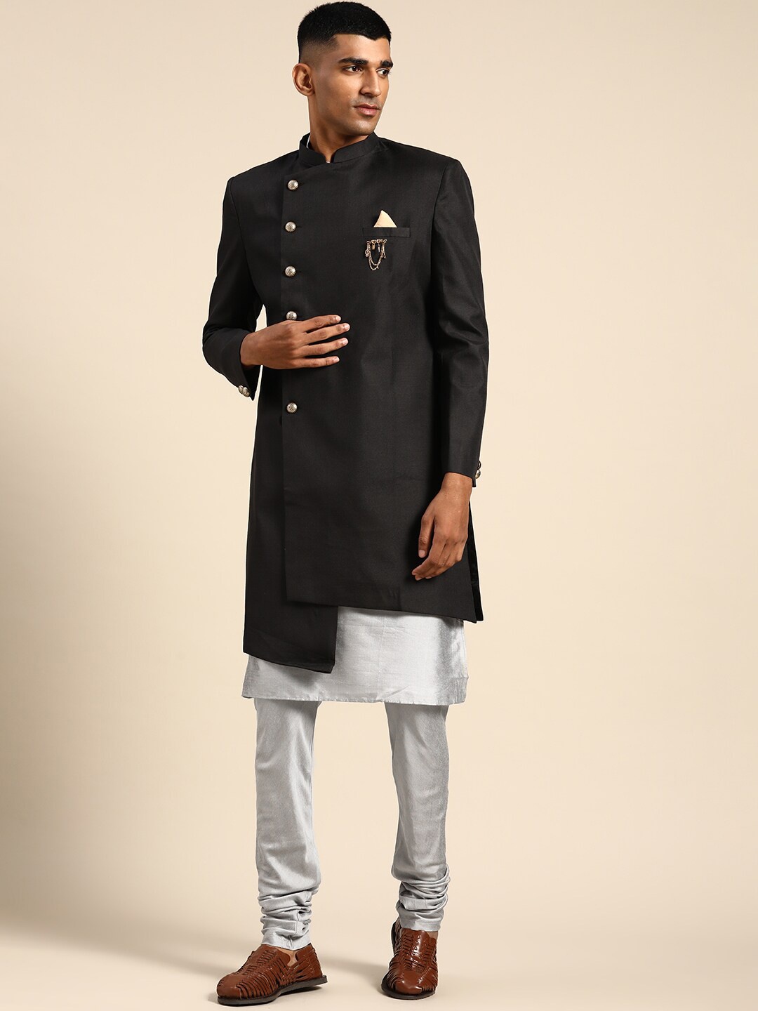 

KISAH Men Cotton Kurta Indowestern Sherwani Set, Black