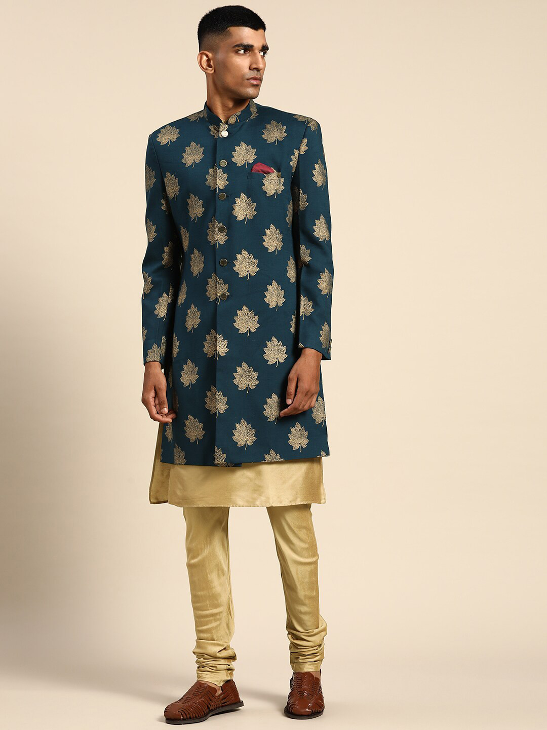 

KISAH Men Floral Patterned Cotton Indowestern Sherwani Set, Navy blue