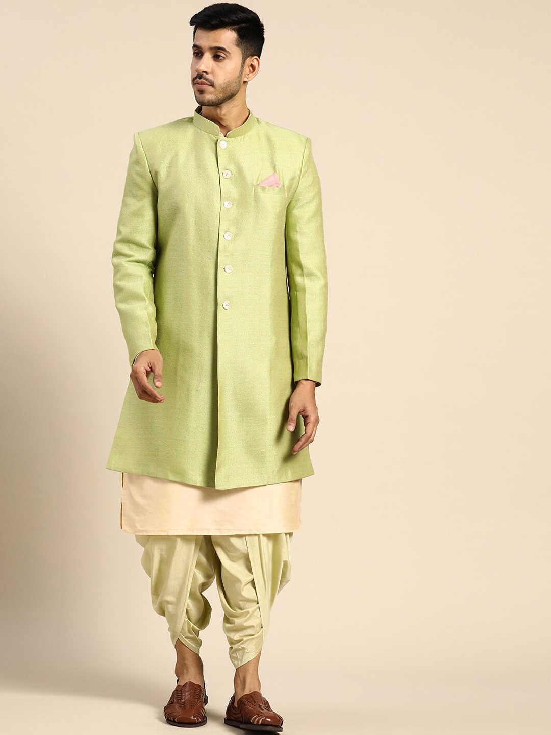 

KISAH Men Self-Design Cotton Kurta & Indowestern Sherwani with Dhoti Pants Set, Green