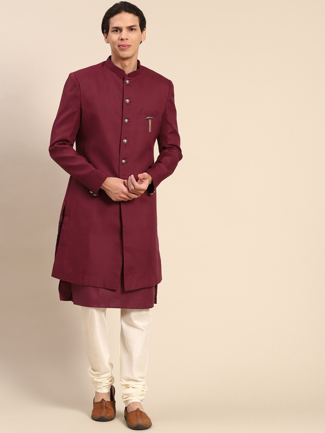 

KISAH Men Solid Cotton Indowestern Sherwani Set, Maroon