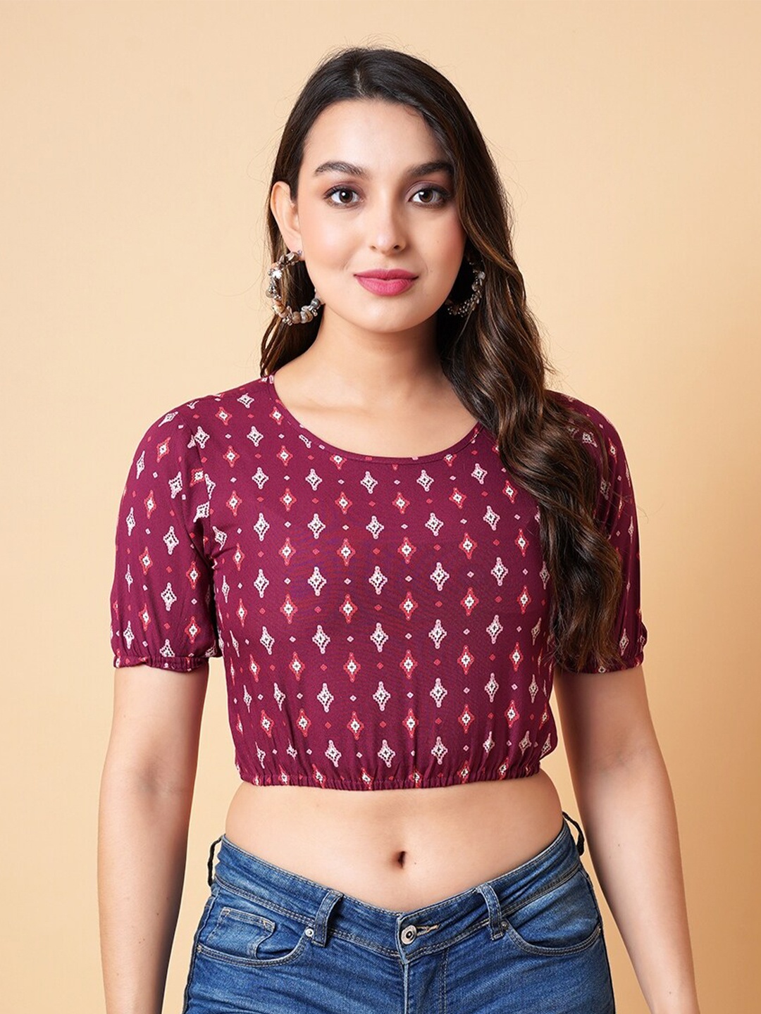 

DAEVISH Ethnic Motifs Printed Fitted Crop Top, Maroon