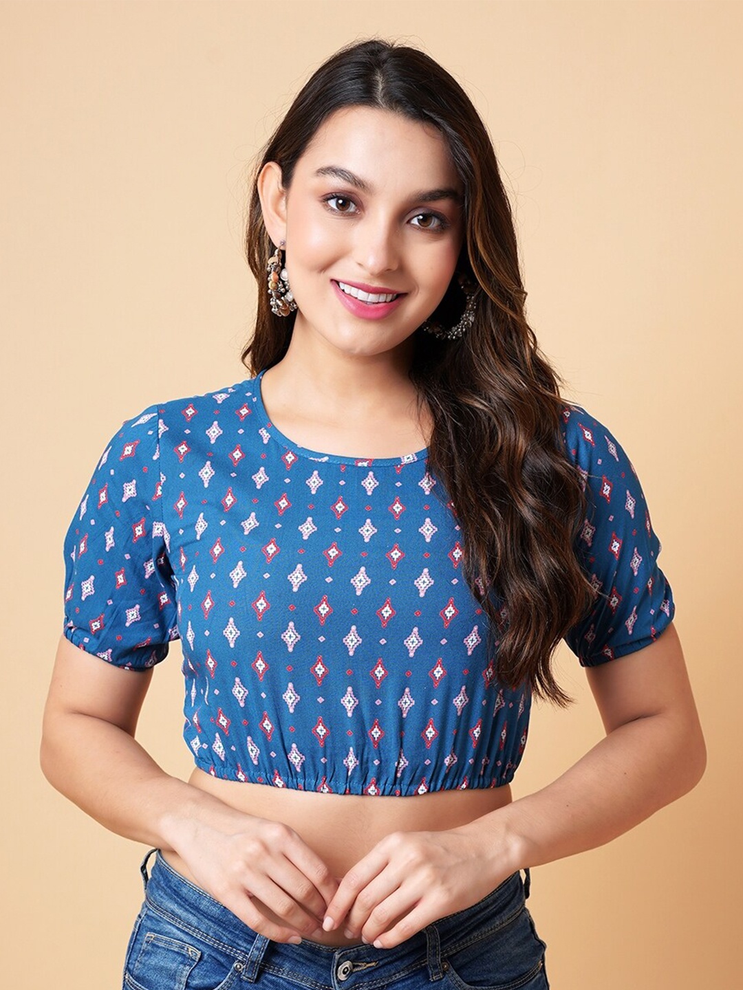 

DAEVISH Ethnic Motifs Printed Fitted Crop Top, Blue