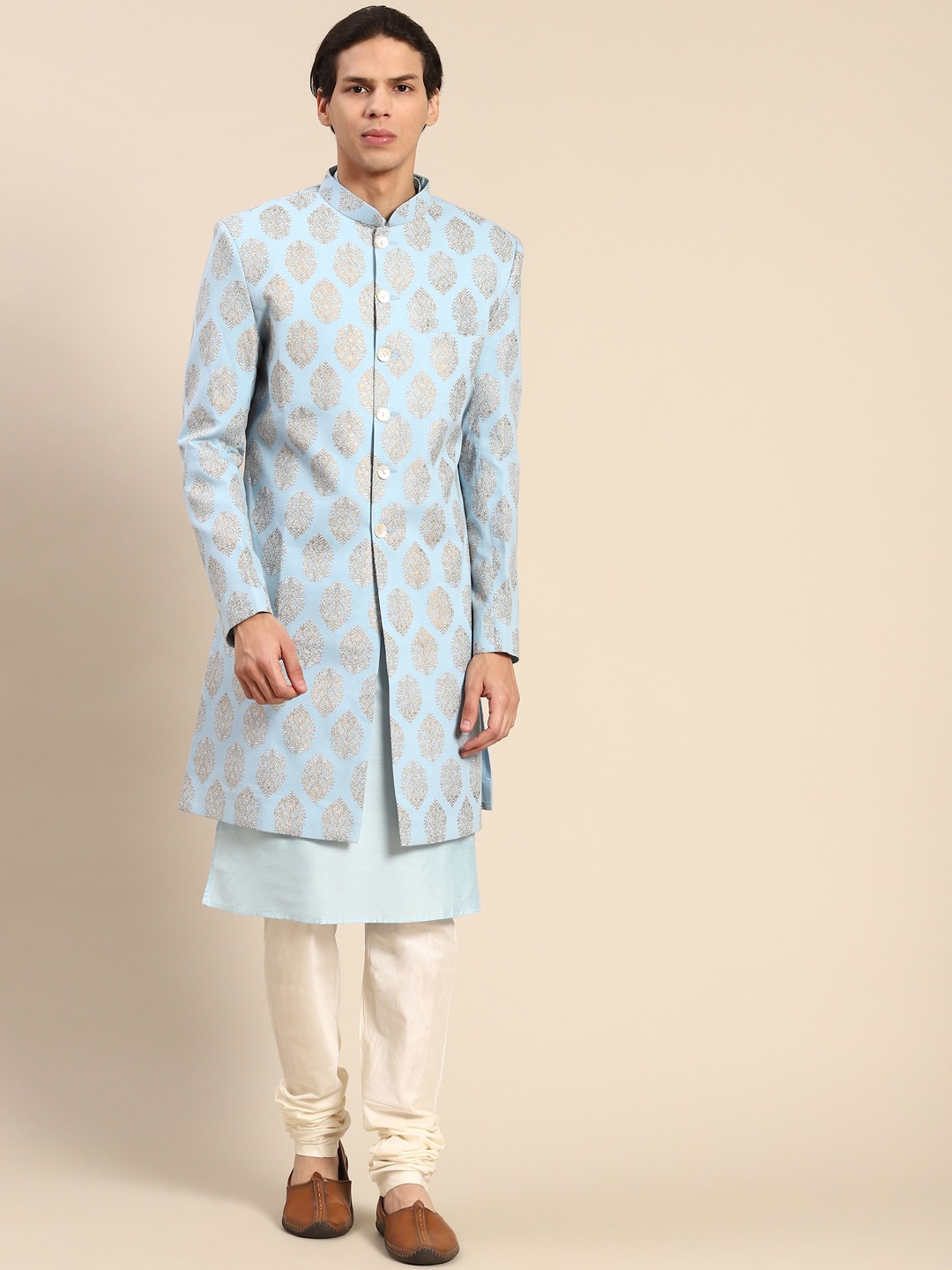 

KISAH Men Cotton Kurta & Indowestern Sherwani with Churidar Set, Blue