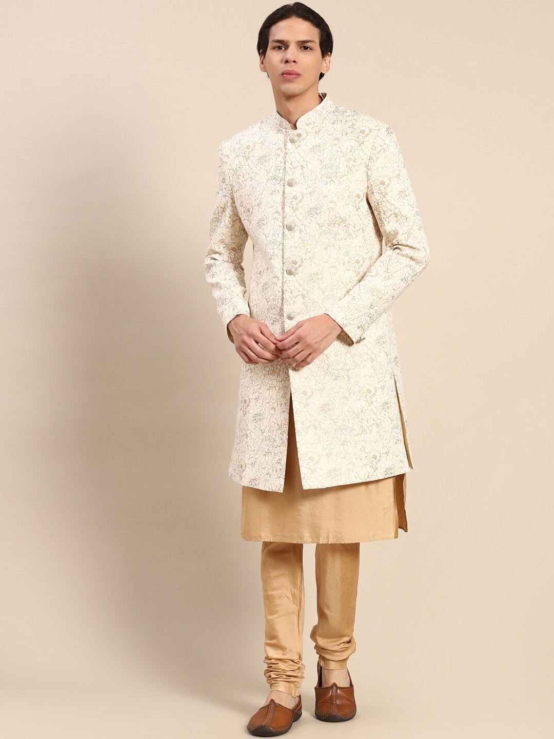 

KISAH Men Cotton Indowestern Sherwani Set, Off white