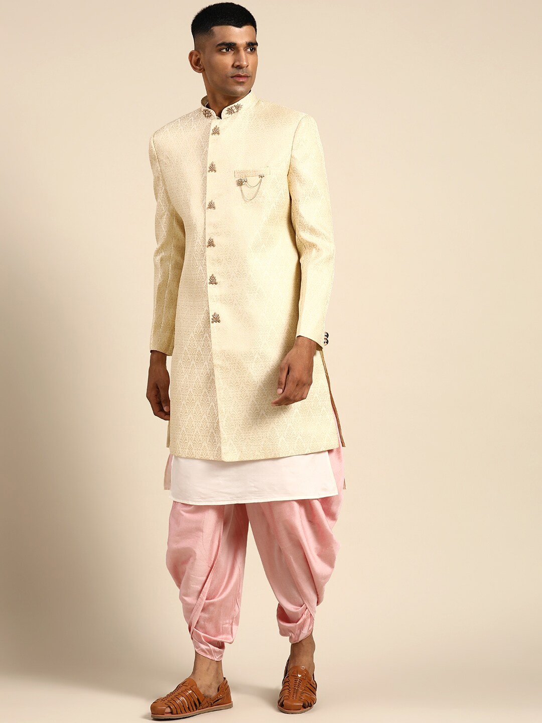 

KISAH Men Self-Design Cotton Kurta & Indowestern Sherwani with Dhoti Pants Set, Beige