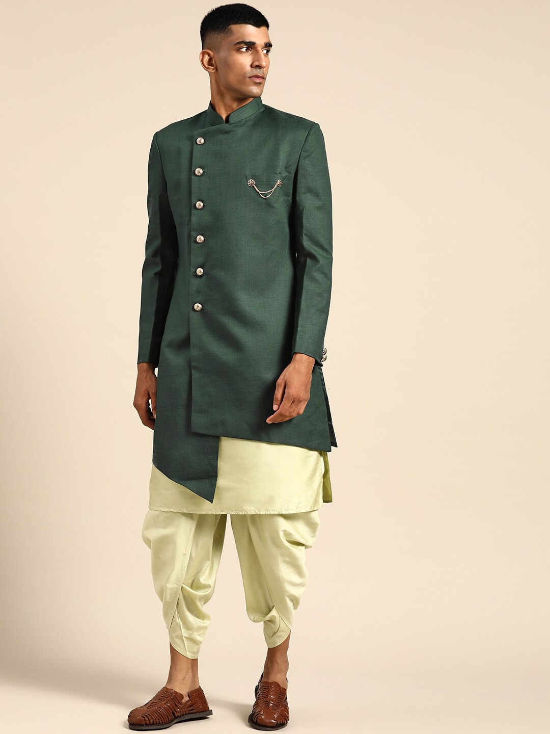 

KISAH Men Cotton Kurta Indowestern Sherwani Set, Green