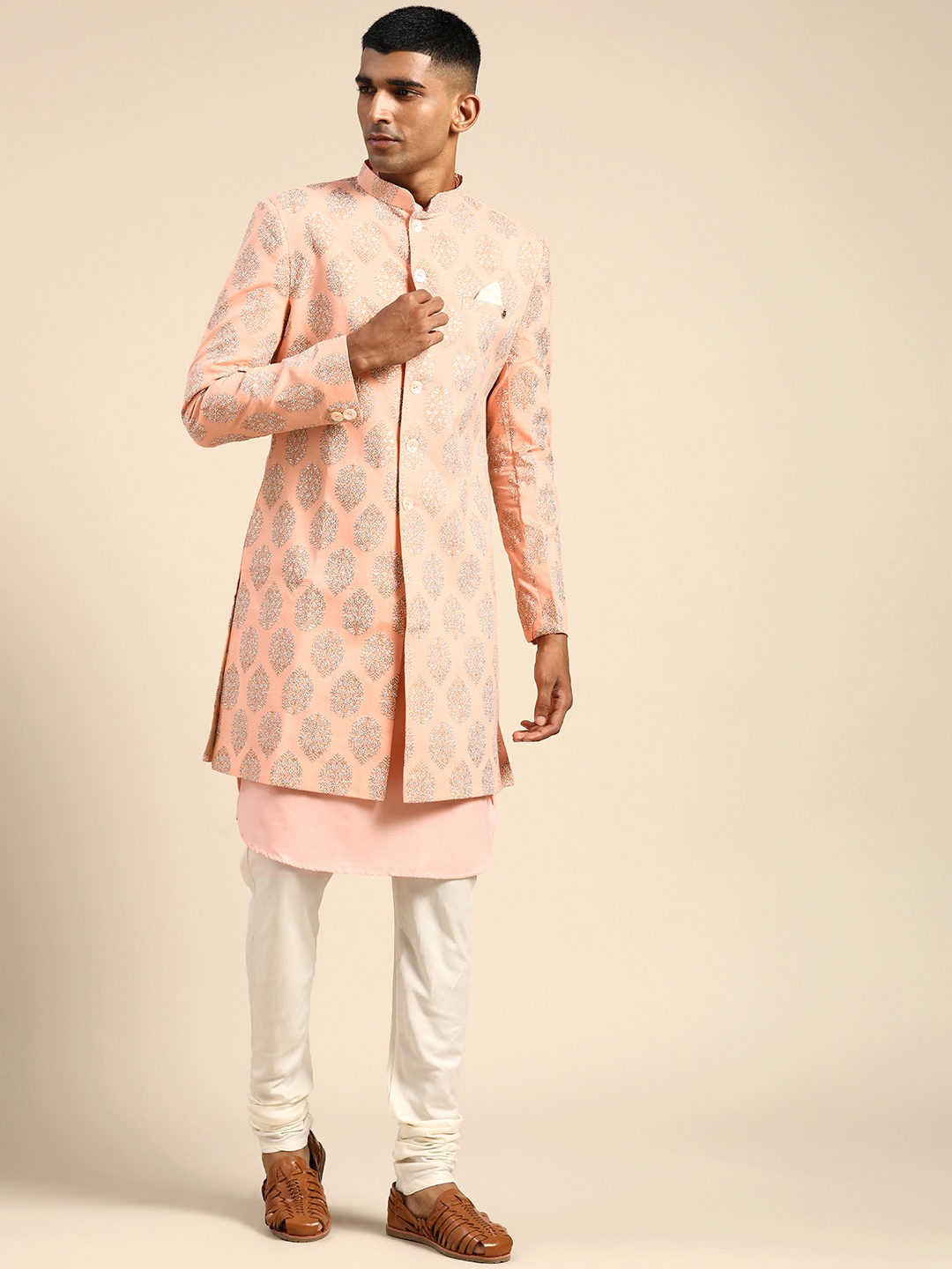 

KISAH Men Self-Design Cotton Indowestern Sherwani Set, Pink