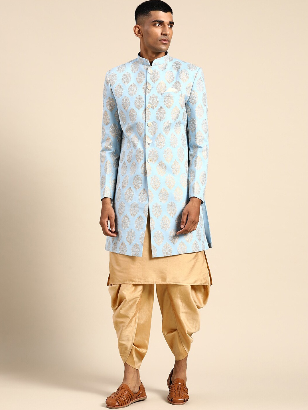 

KISAH Men Ethnic Motif Printed Cotton Kurta Indowestern Sherwani Set, Blue