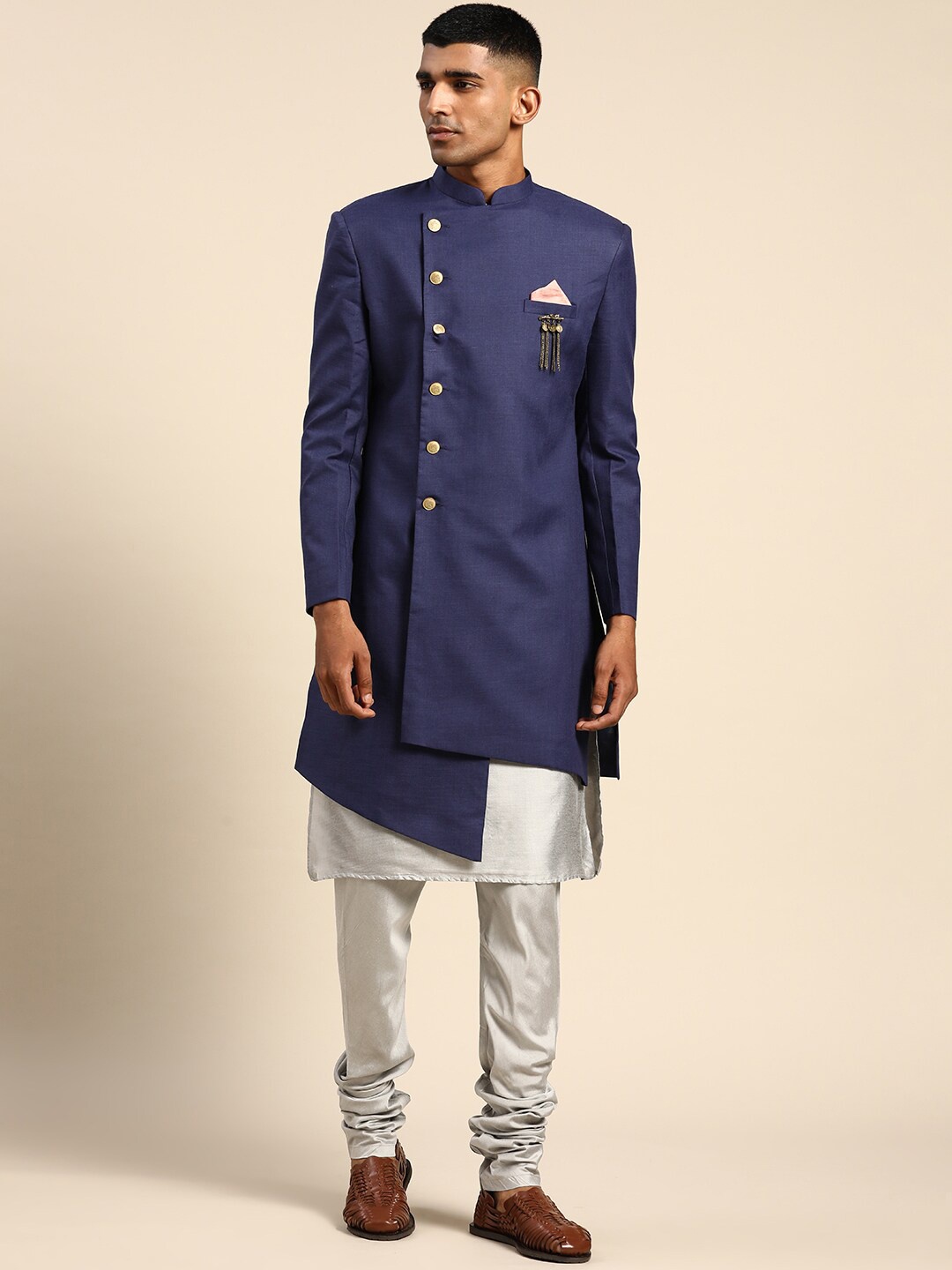 

KISAH Men Cotton Long Sleeves Indowestern Sherwani Set, Navy blue