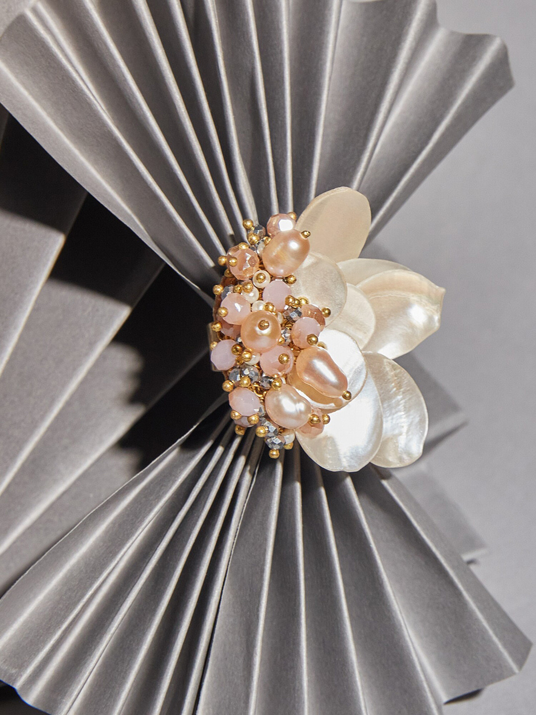 

D'oro Gold-Plated Beaded & Stone Studded Finger Ring