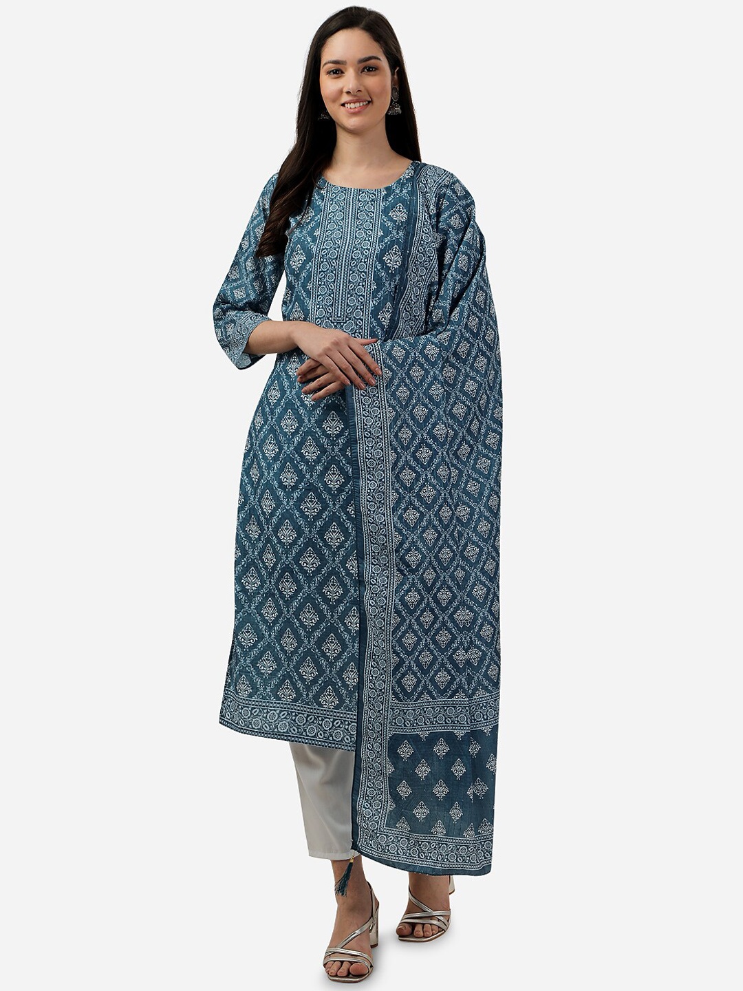 

WOMEN VILLAGE Floral Printed Sequined Pure Silk Kurta with Trousers & Dupatta, Blue