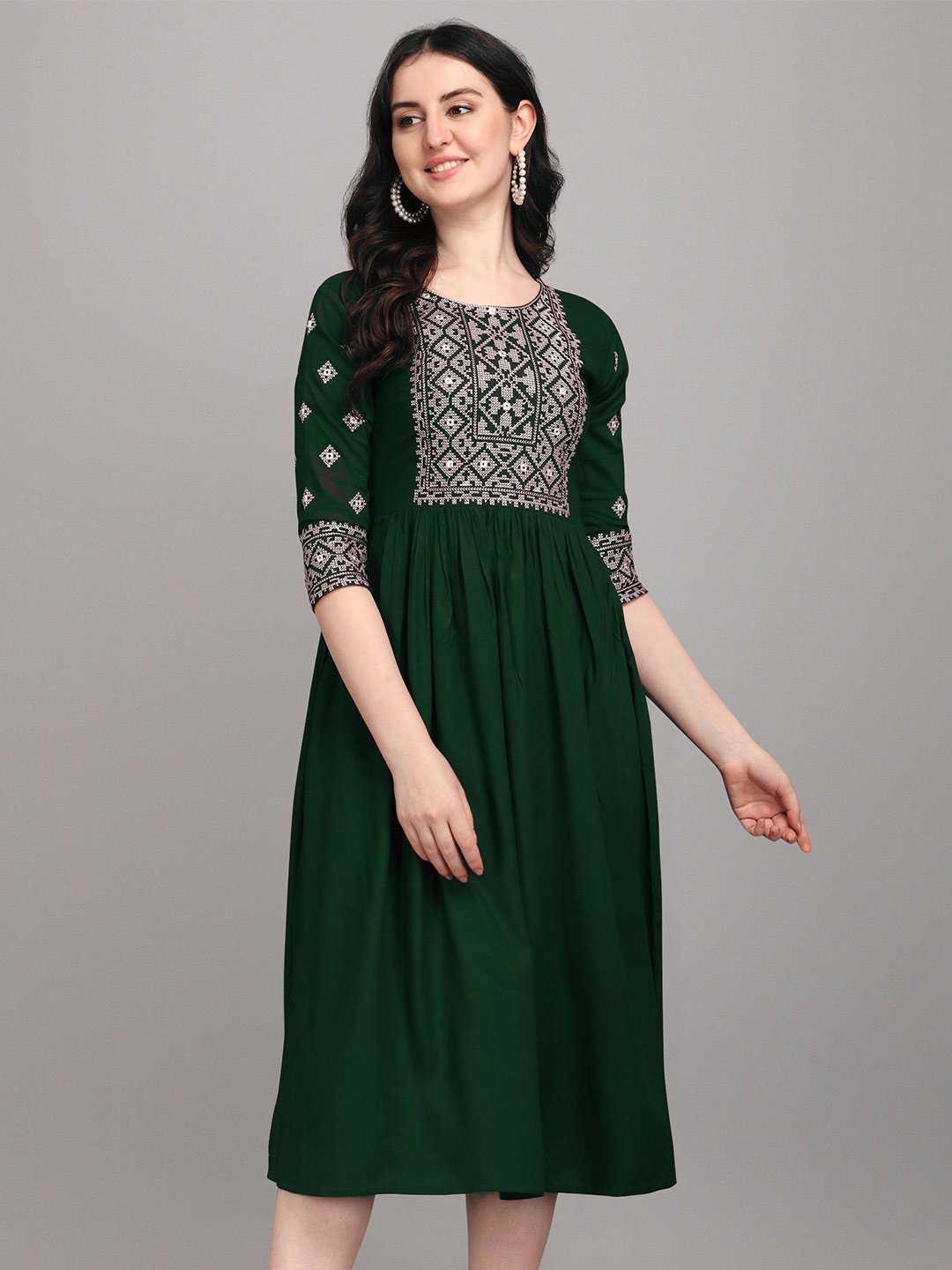 Shree Ramkrishna Fab Round Neck Ethnic Motifs Embroidery Fit & Flare Midi Dress, Green