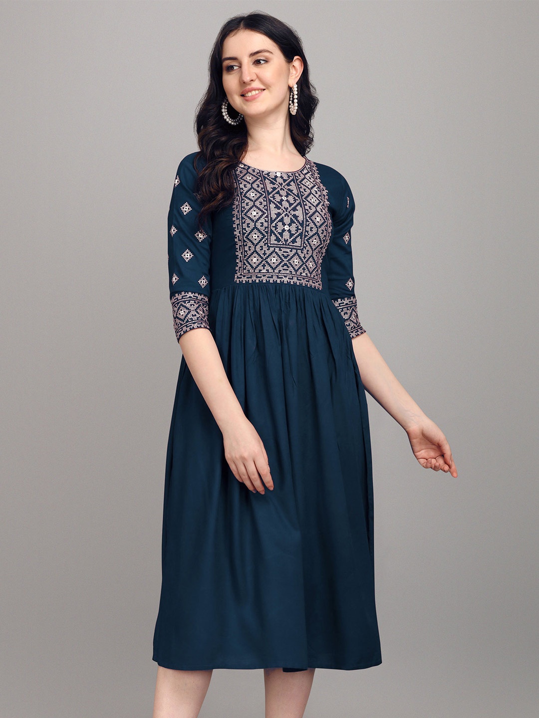 

Shree Ramkrishna Fab Round Neck Floral Embroidery Fit & Flare Midi Dress, Teal