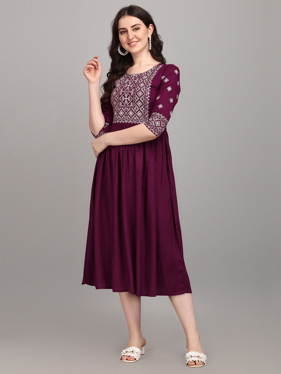 

Shree Ramkrishna Fab Round Neck Ethnic Motif Embroidery Fit & Flare Midi Dress, Purple