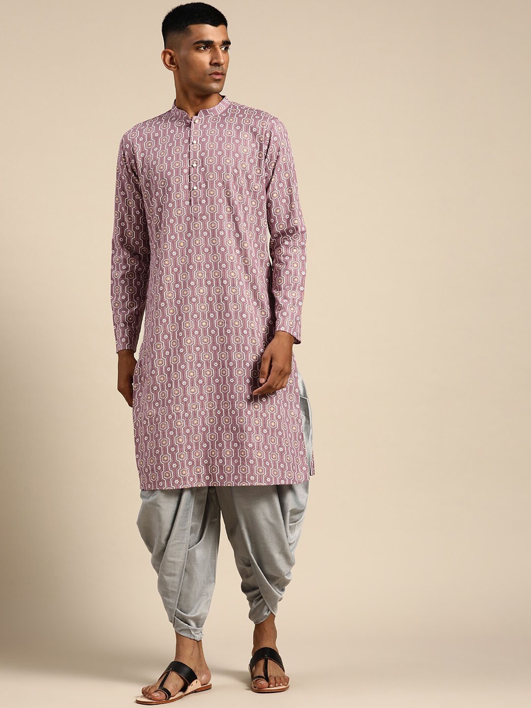 

KISAH Mandarin Collar Printed Pure Cotton Kurta with Dhoti Pants, Mauve