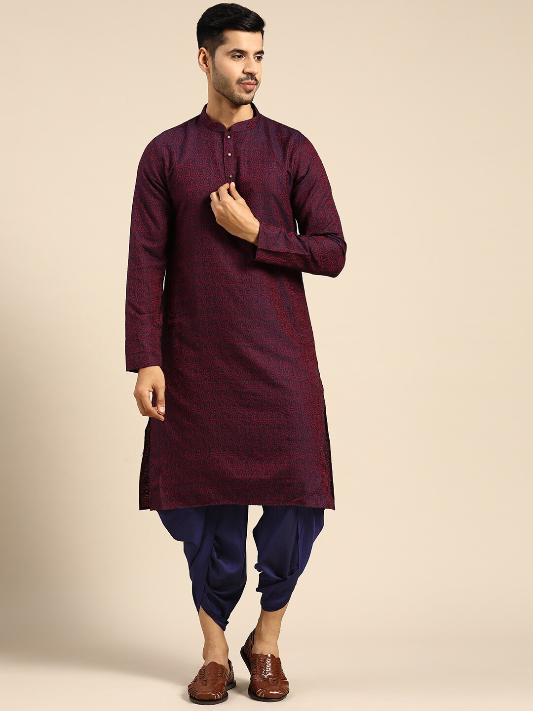 

KISAH Mandarin Collar Ethnic Motifs Woven Design Kurta with Dhoti Pants, Purple