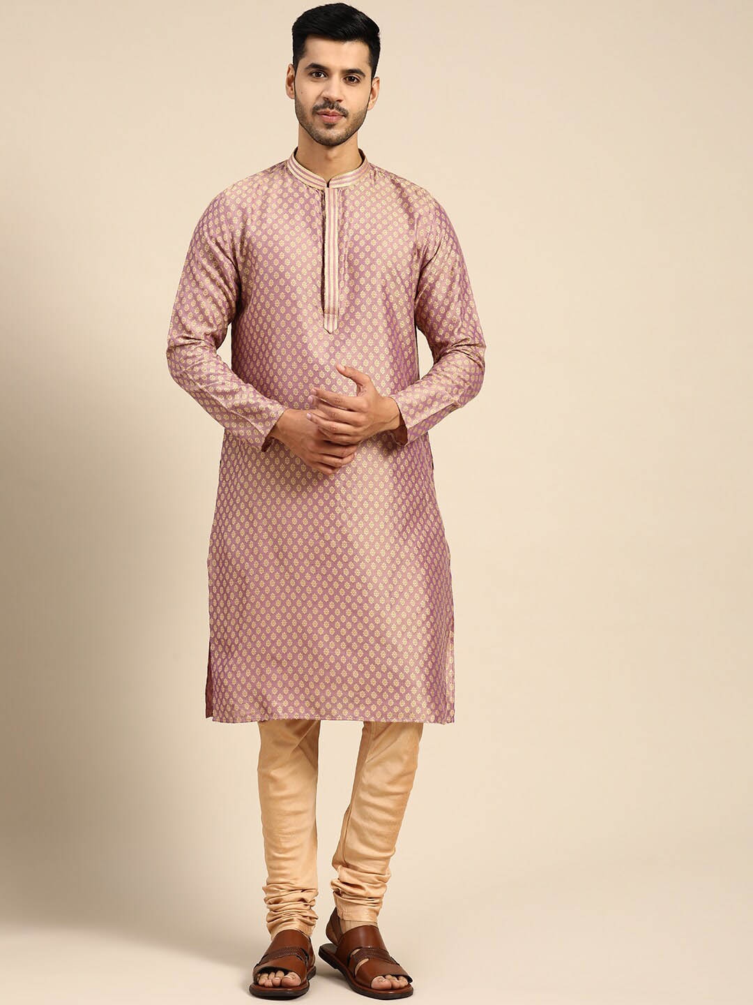 

KISAH Mandarin Collar Woven Design Kurta with Churidar, Purple