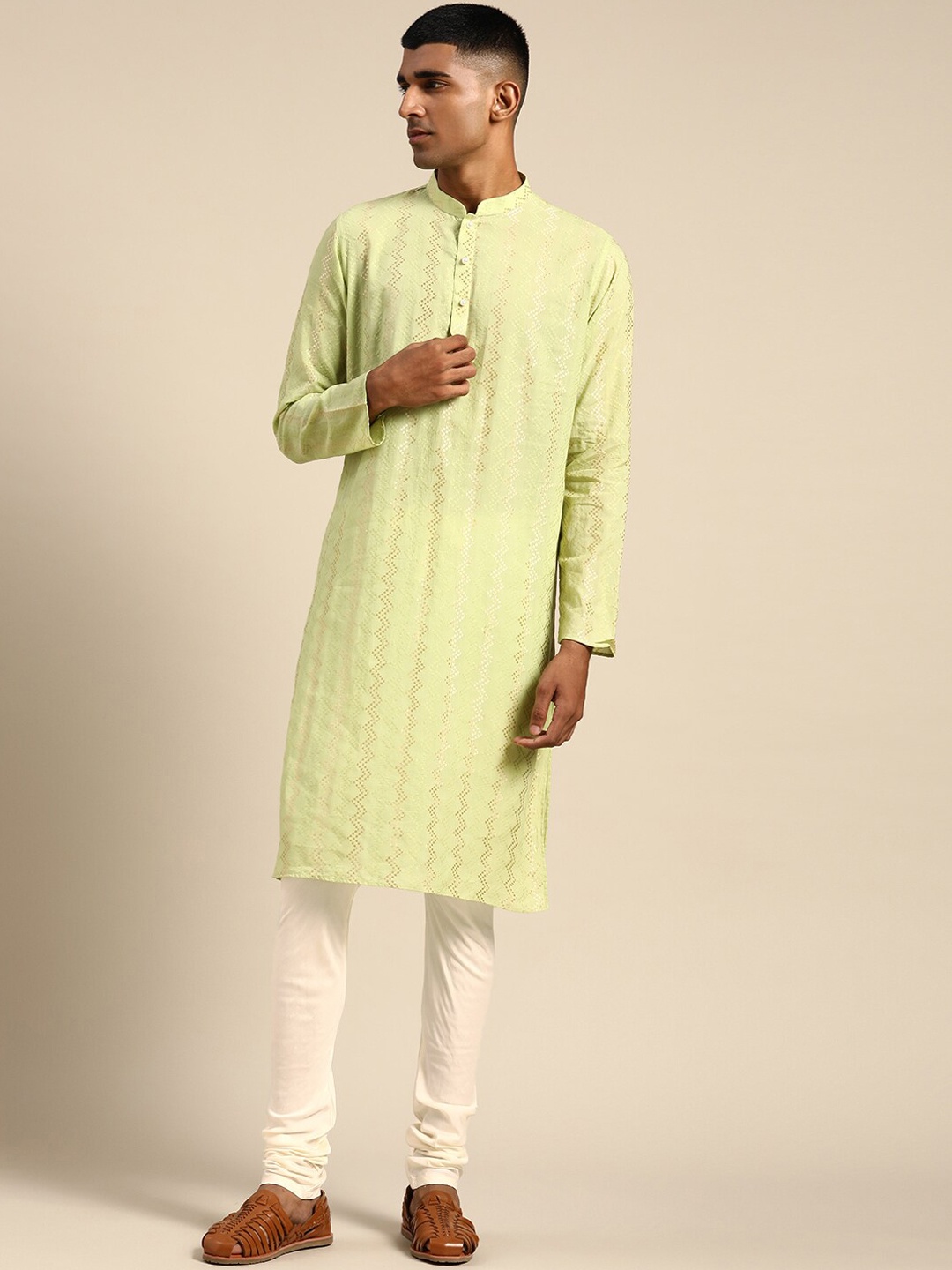 

KISAH Mandarin Collar Embroidered Pure Cotton Kurta with Churidar Set, Green