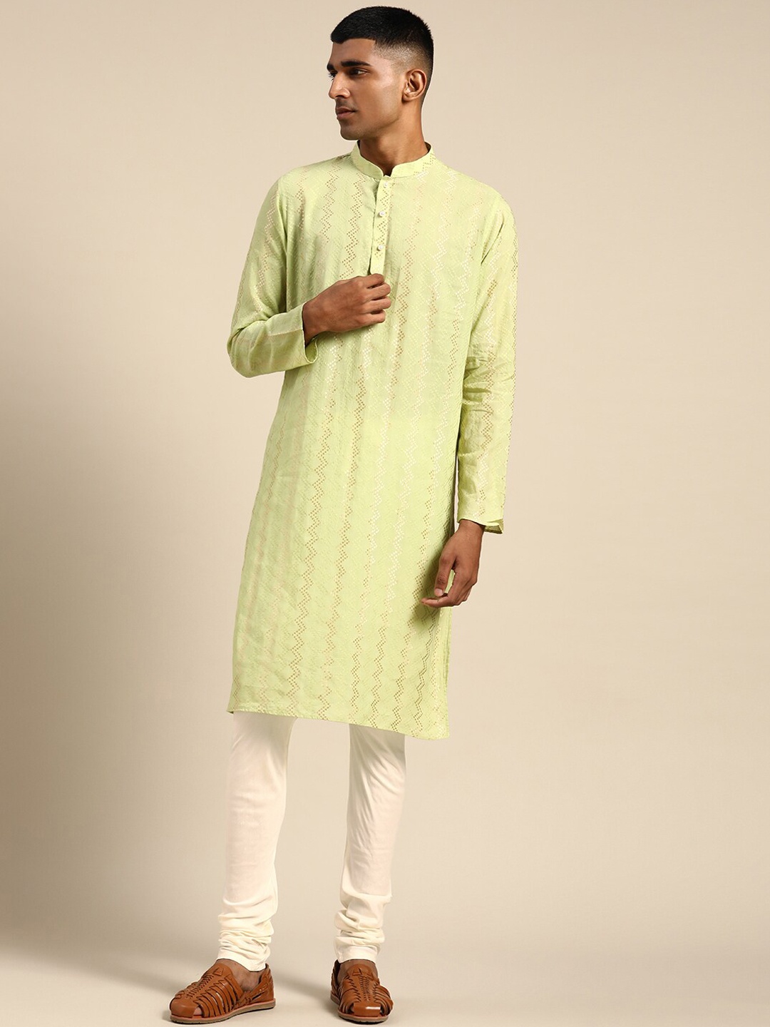 

KISAH Mandarin Collar Embroidered Pure Cotton Kurta with Churidar Set, Green
