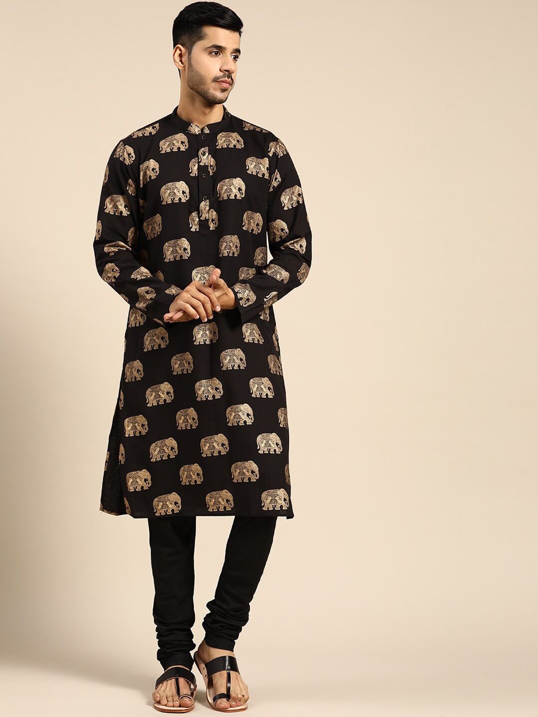 

KISAH Ethnic Motifs Printed Regular Kurta With Churidar, Black