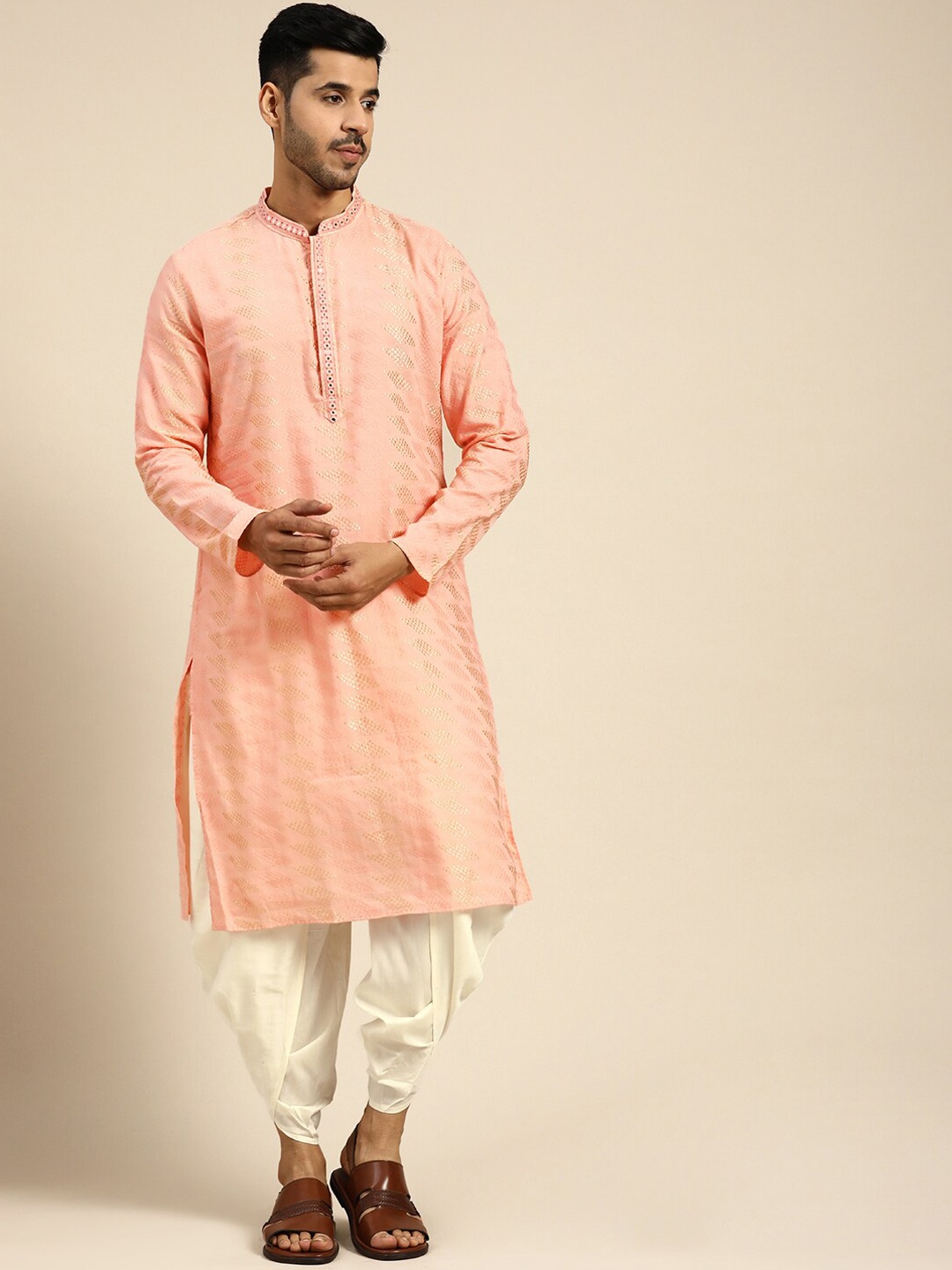 

KISAH Ethnic Motifs Embroidered Regular Thread Work Pure Cotton Kurta With Dhoti Pants Set, Peach