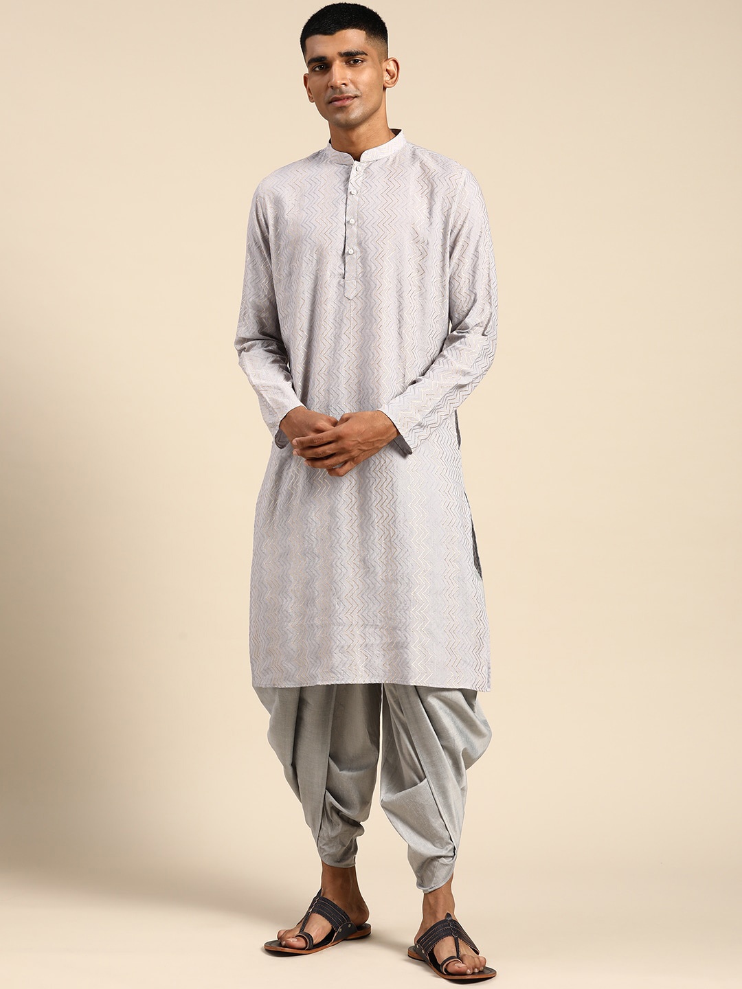 

KISAH Chevron Embroidered Regular Thread Work Pure Cotton Kurta With Dhoti Pants Set, Grey