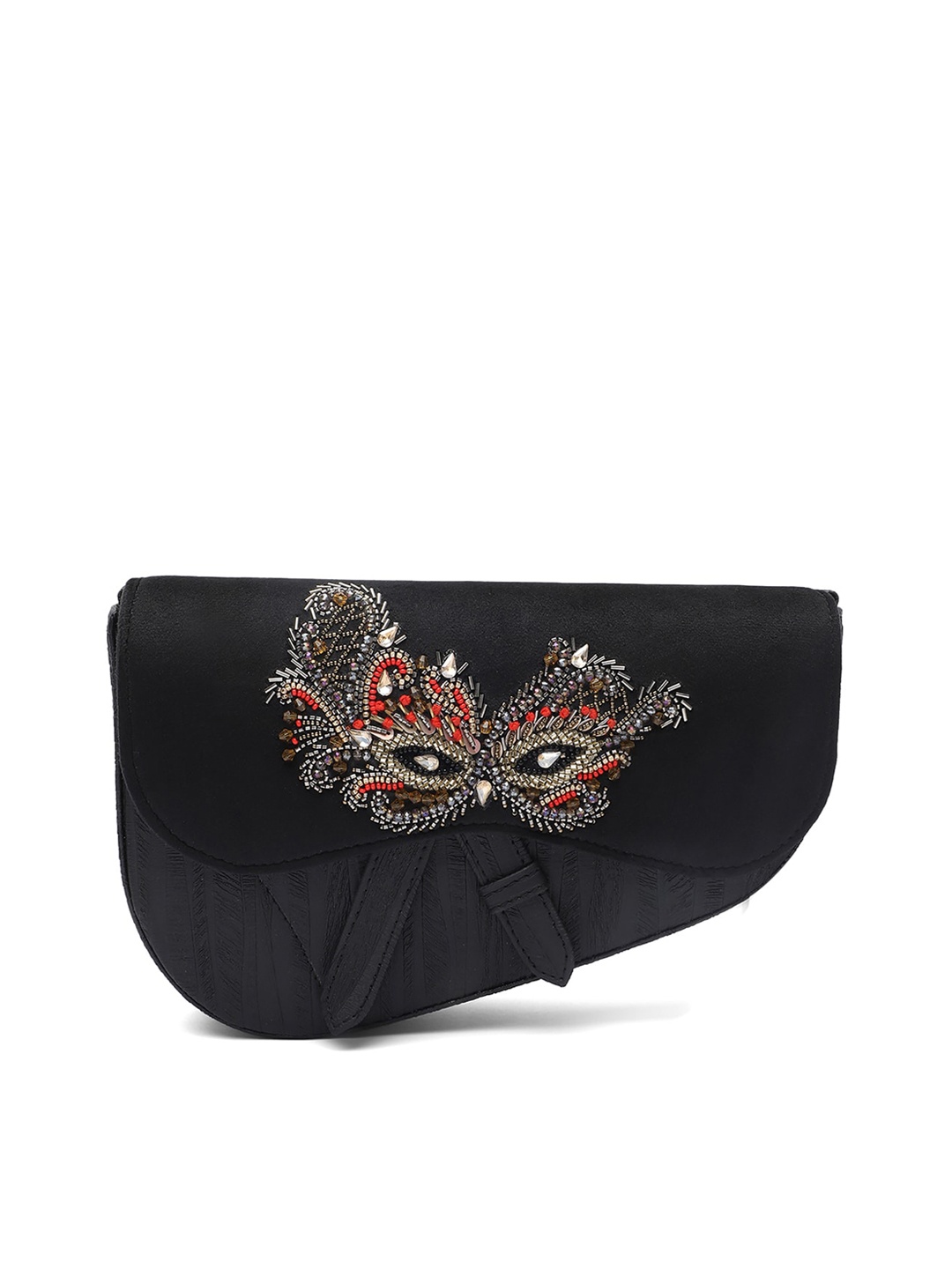 

Clotche Textured Embellished Half Moon Sling Bag, Black