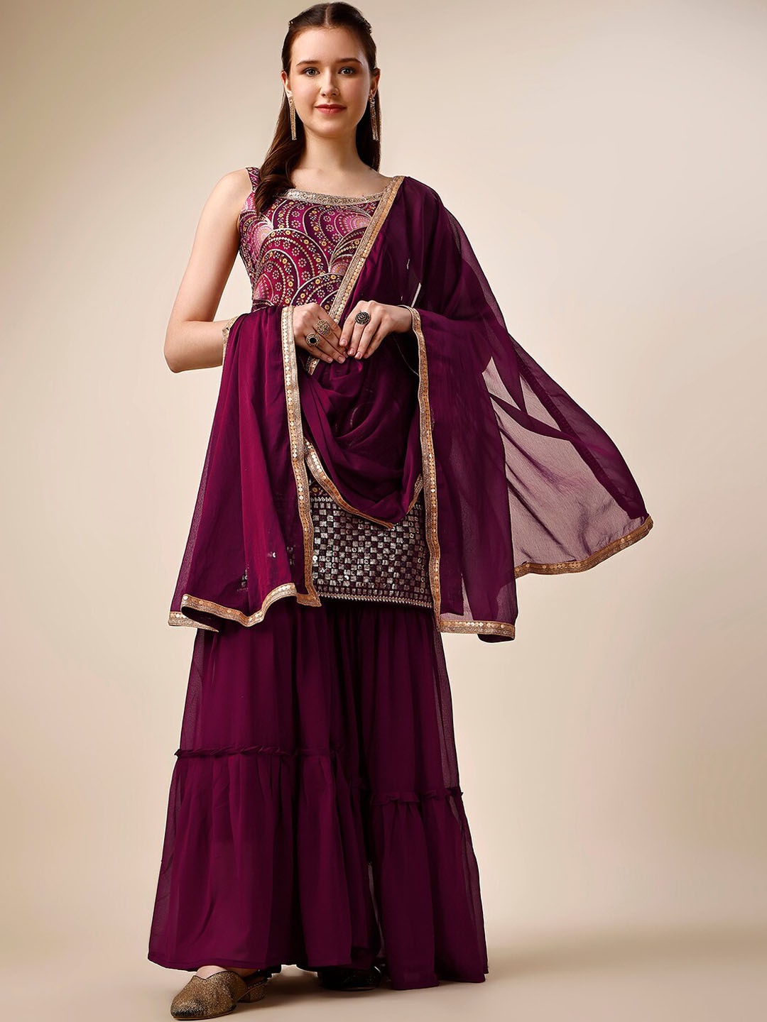 

JATRIQQ Ethnic Motifs Printed Sequinned Kurta with Sharara & Dupatta, Purple