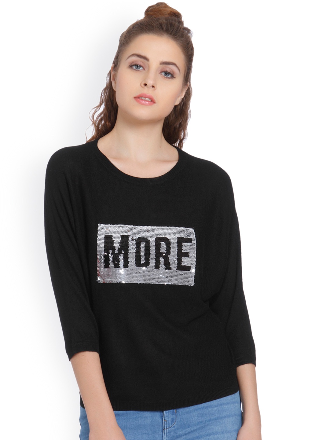 

ONLY Women Black Self Design Sweater