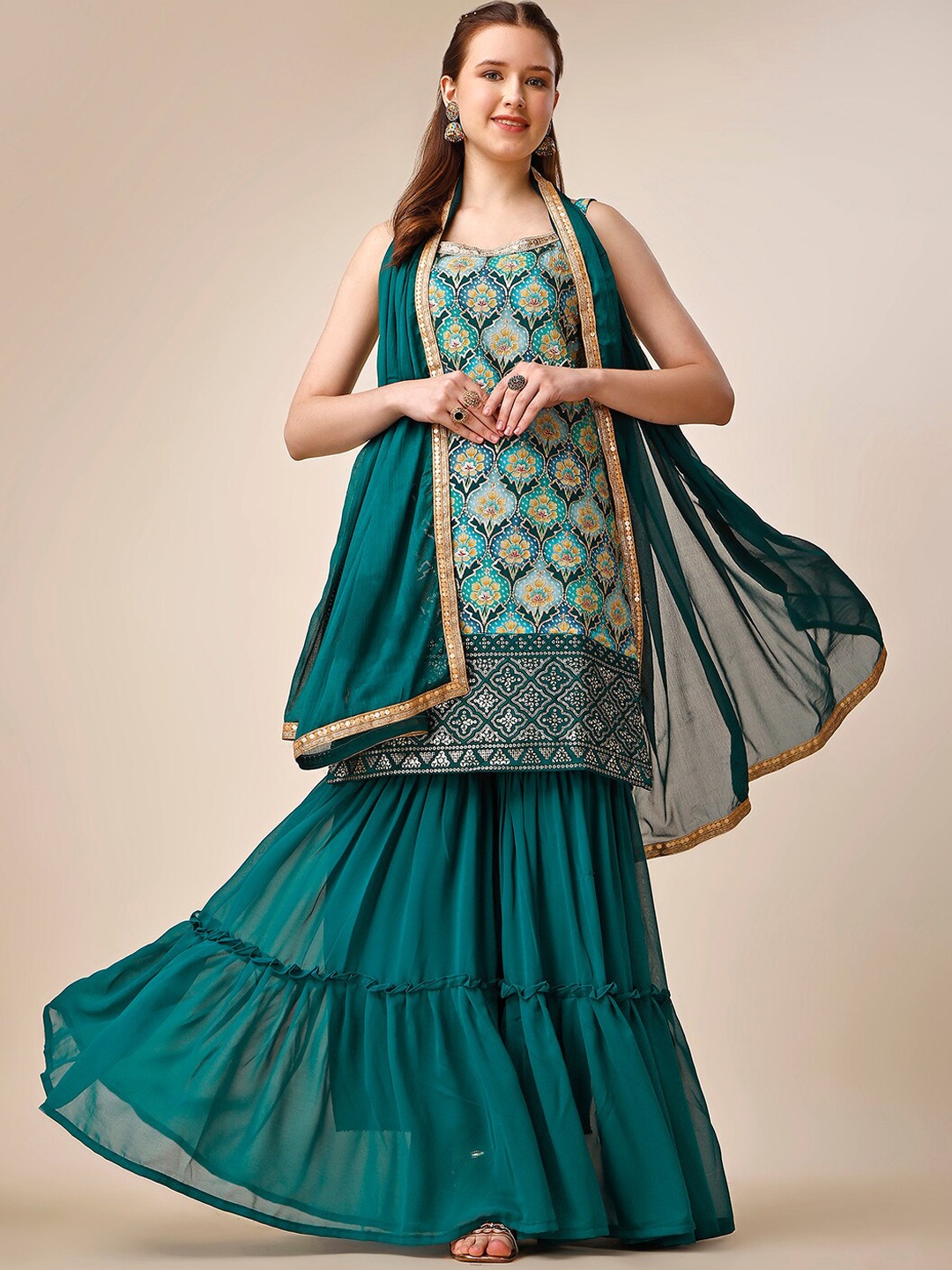 

JATRIQQ Ethnic Motifs Printed Sequinned Kurta with Sharara & Dupatta, Teal