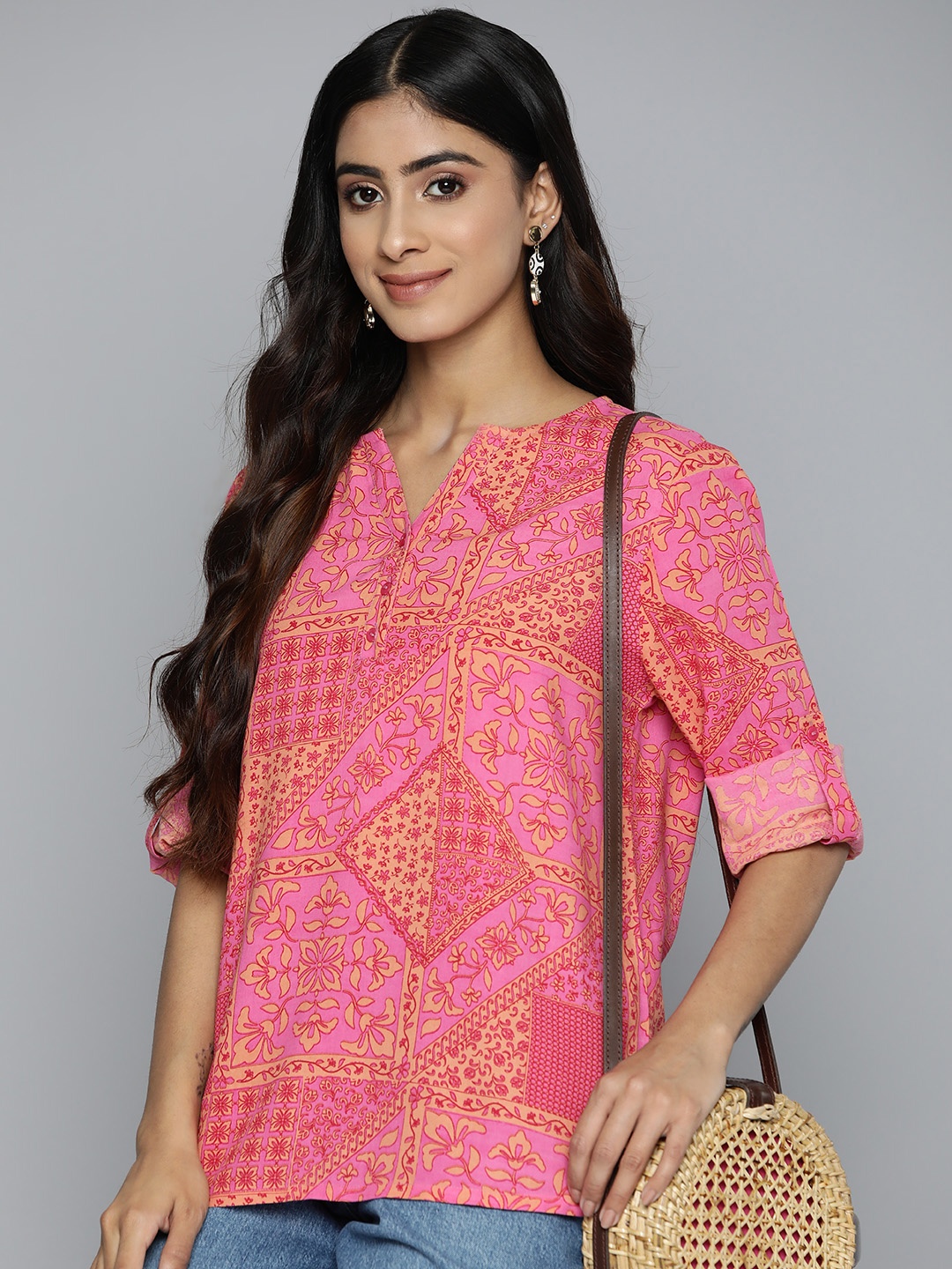 

HERE&NOW Floral Print Roll-Up Sleeves Top, Pink
