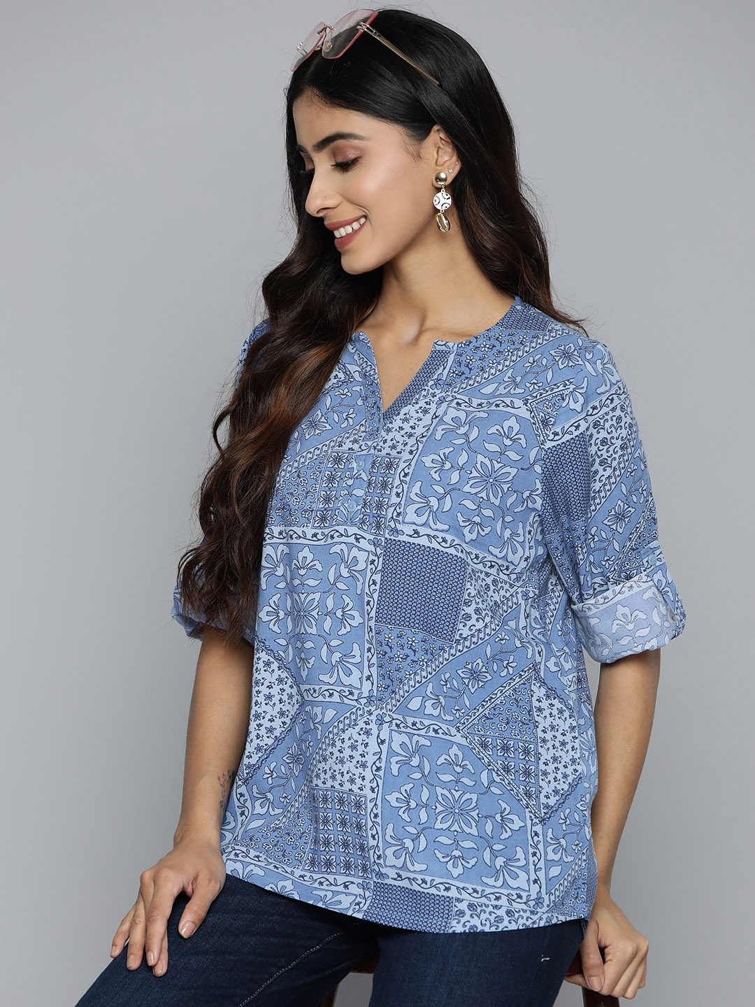 

HERE&NOW Floral Print Roll-Up Sleeves Top, Blue