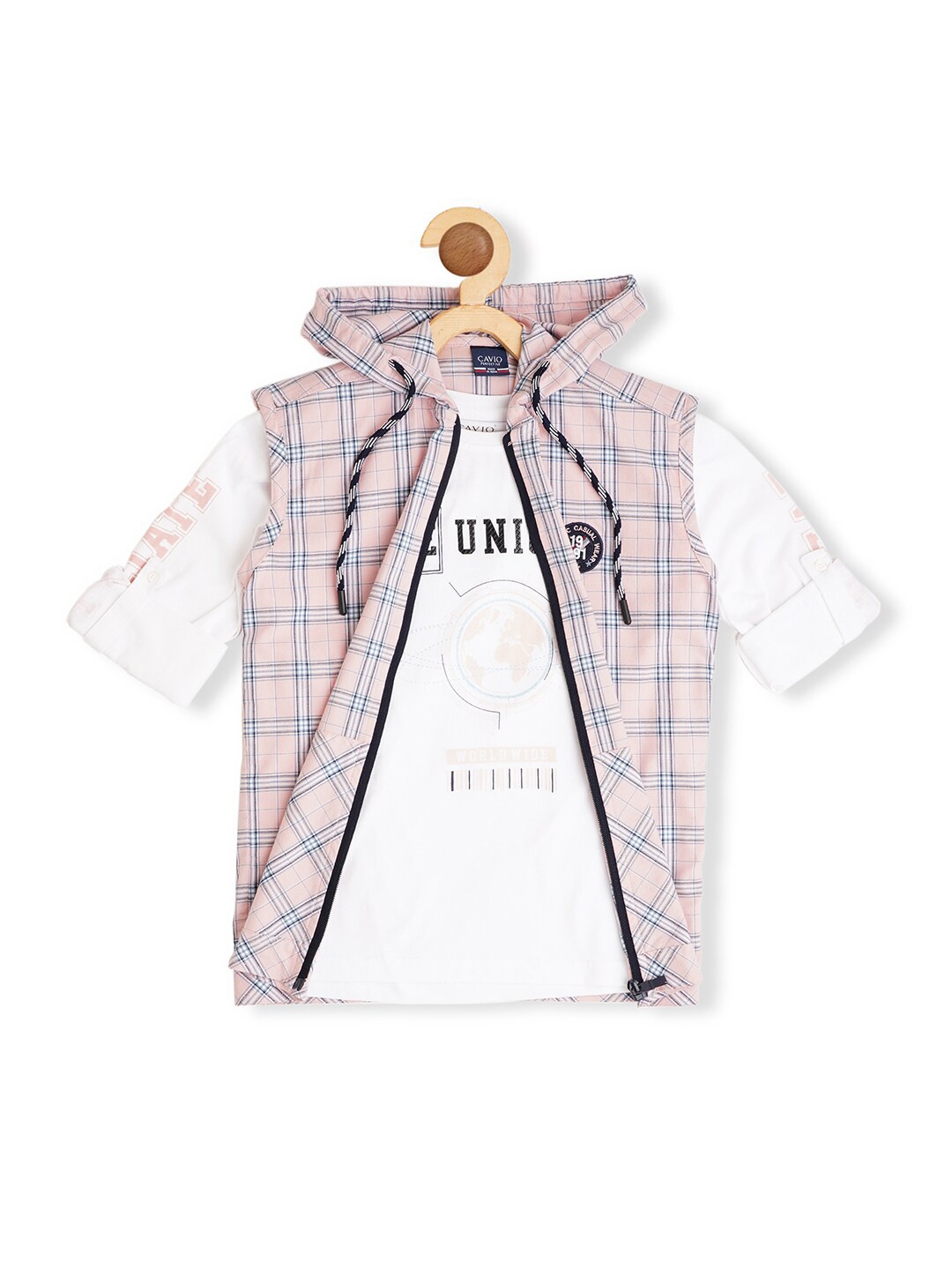 

CAVIO Boys Comfort Checked Hooded Cotton Hooded Shirt with T-Shirt, Pink