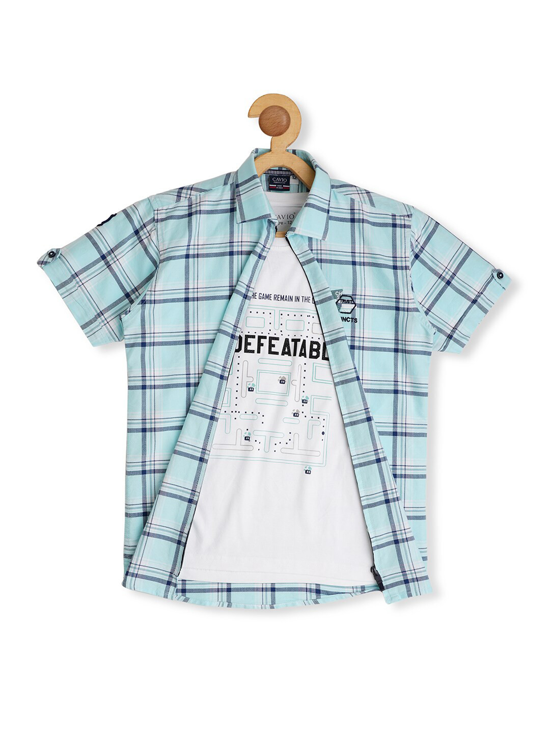 

CAVIO Boys Comfort Checked Cotton Casual Shirt With T-Shirt, Blue