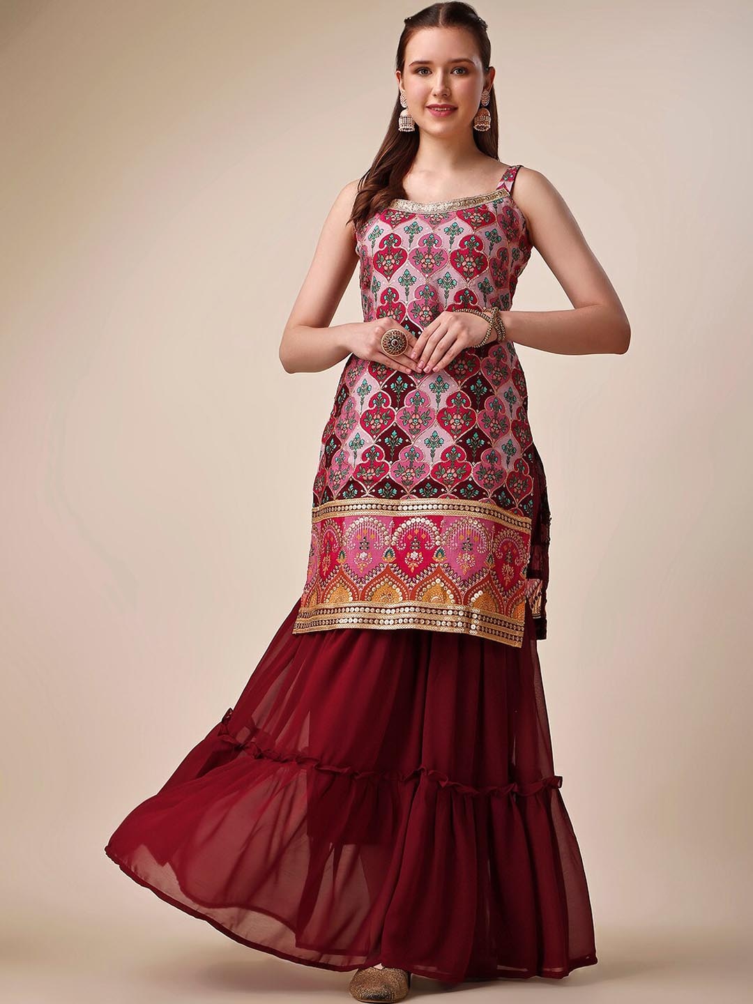 

JATRIQQ Ethnic Motifs Printed Sequinned Kurta with Sharara & Dupatta, Maroon