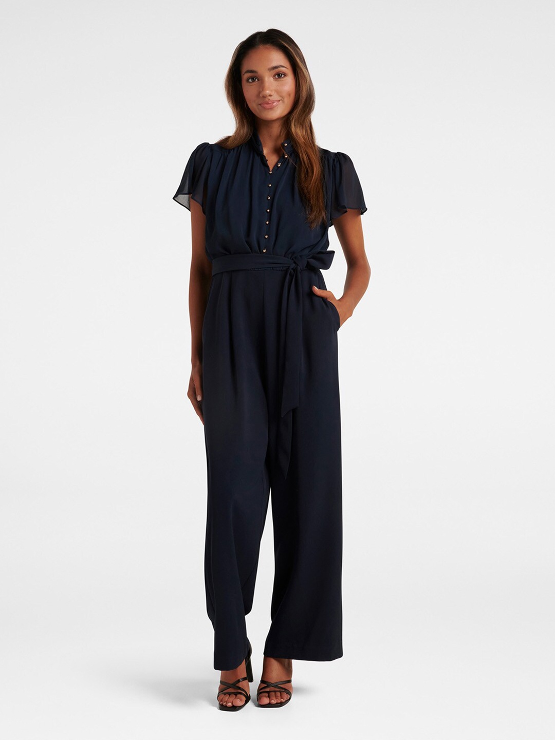 

Forever New Flutter Waist Tie-Ups Mandarin Collar Basic Jumpsuit, Navy blue