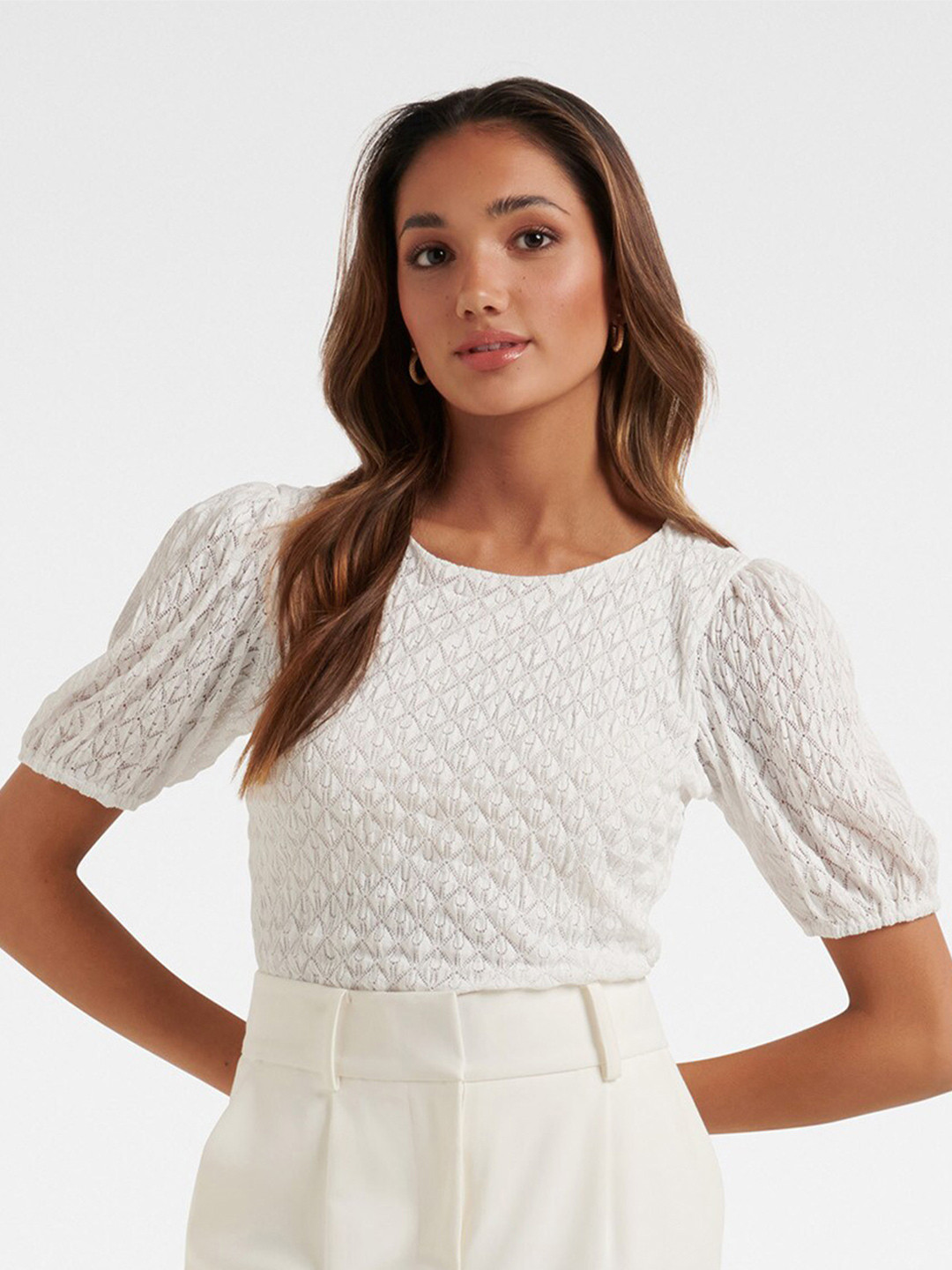 

Forever New Self Design Puff Sleeve Lace Top, White