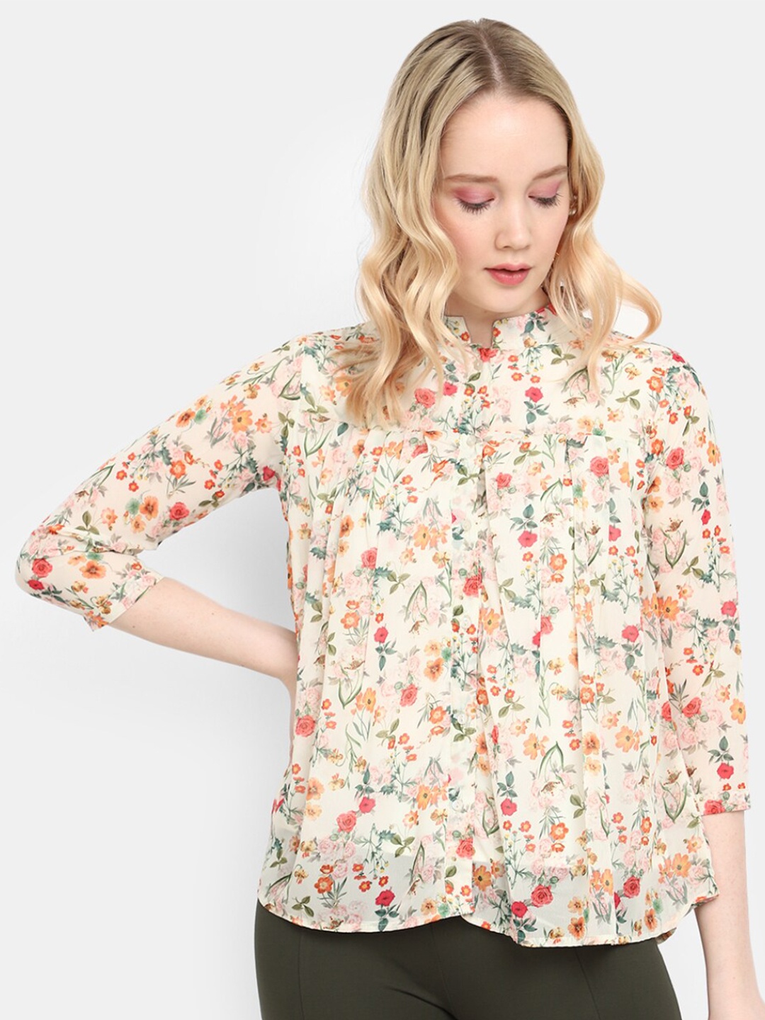 

V-Mart Floral Printed Mandarin Collar Cotton Top, Cream